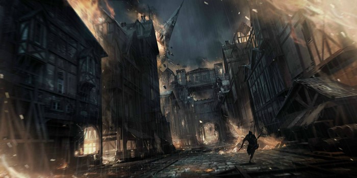 Thief in a burning medieval city