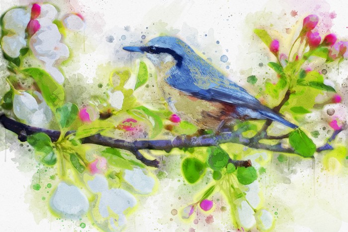 Bird on a blooming branch, watercolor painting