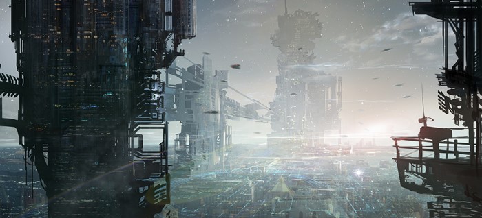 Sci-Fi Cityscape with Flying Vehicles