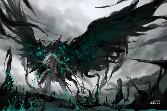 Anime character with dark, skull-adorned wings
