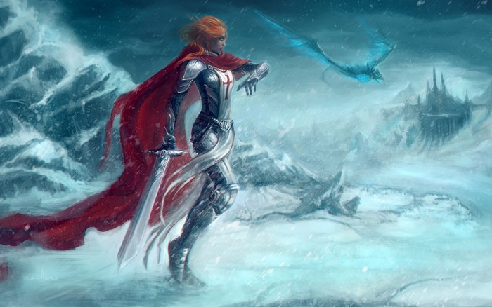 Fantasy Woman Warrior with Red Cape and Sword in Snow