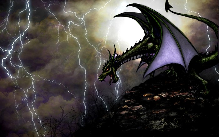 Green dragon on a rocky outcrop during a lightning storm