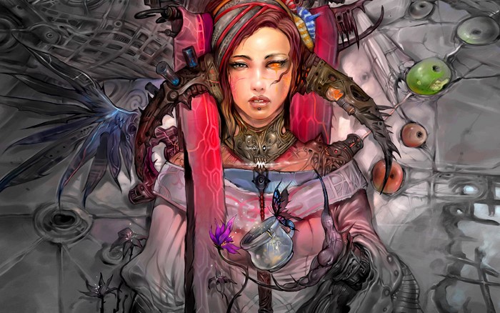 Fantasy woman with mechanical wings and armor