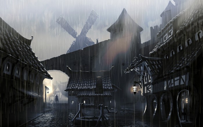 Fantasy village in the rain with a windmill