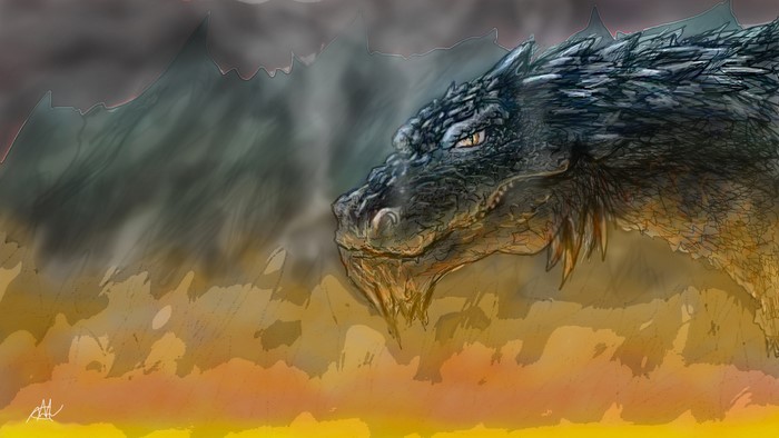 Dragon in front of mountains and fire