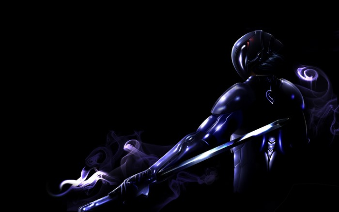 Fantasy warrior with sword and purple smoke