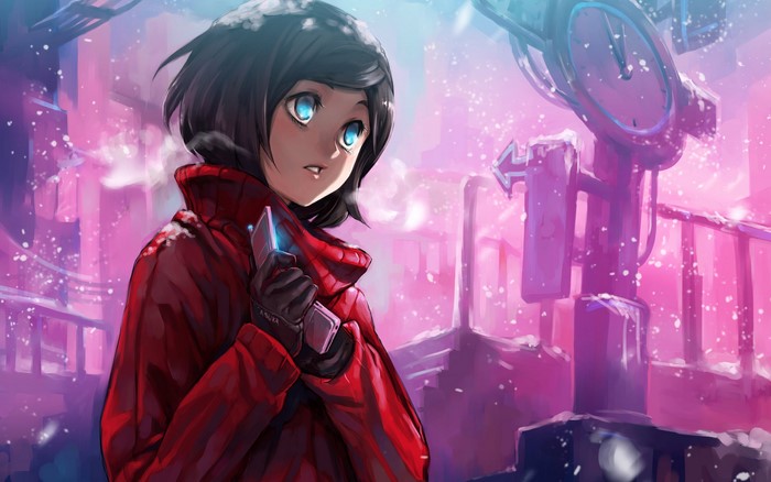 Girl with blue eyes in a snowy city