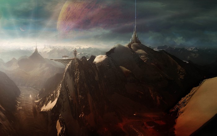 Futuristic mountain city with alien planets