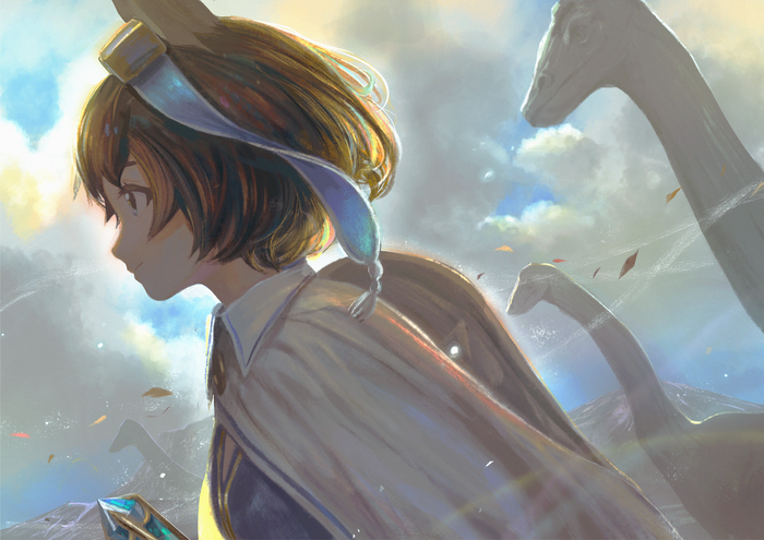 Girl with short hair and dinosaurs in the sky