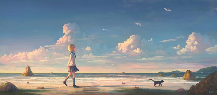 Girl and cat on a beach with seagulls