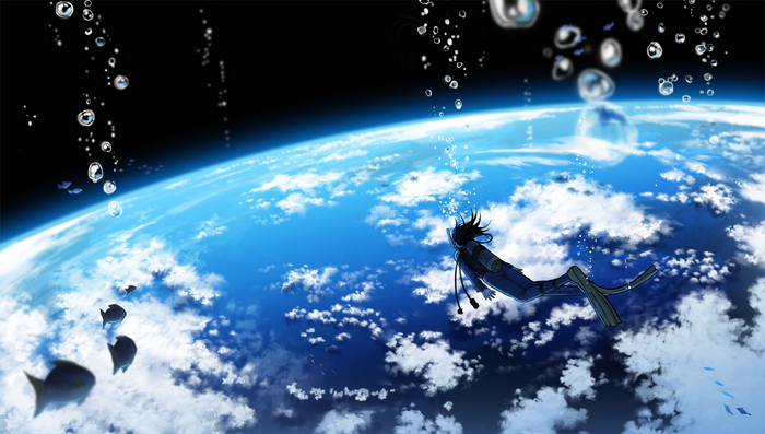 Scuba diver and fish near Earth with clouds