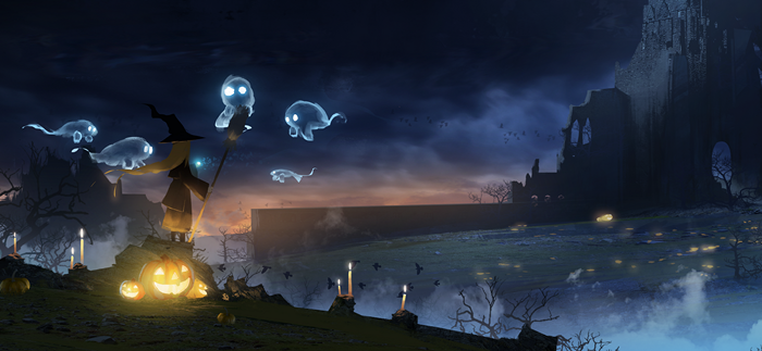 Halloween scene with witch, ghosts, and pumpkins