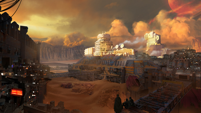 Futuristic desert city with alien planet sky