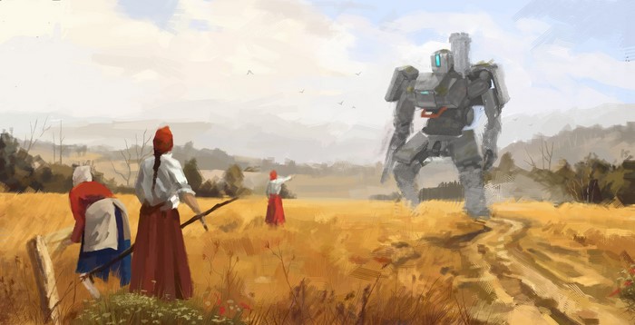 Bastion from Overwatch in a field with farmers