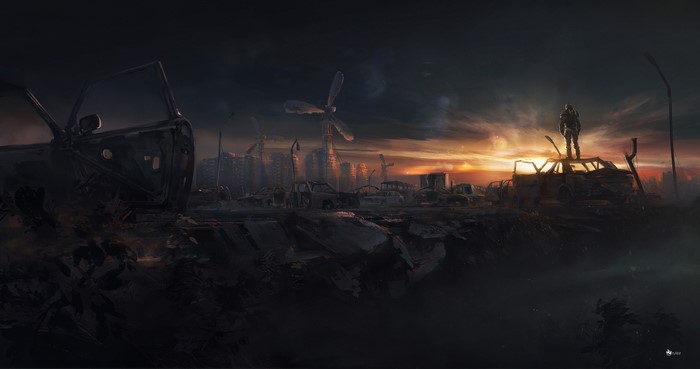 Post-apocalyptic city with a lone figure on a car