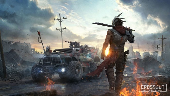 Post-apocalyptic warrior with vehicle in Crossout