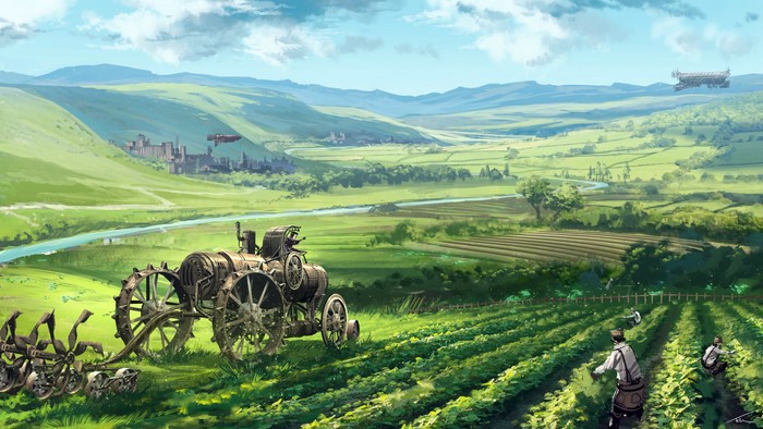 Steampunk tractor plowing a field with a castle in the background