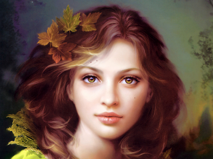 Fantasy woman with autumn leaves in her hair