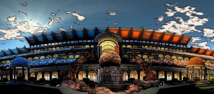 Rocket League stadium with blue and orange stands