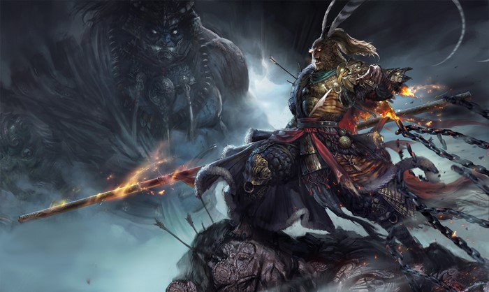 Fantasy warrior with a large monster in the background