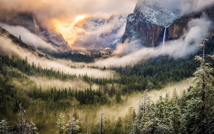 Waterfall in Yosemite Valley with Fog