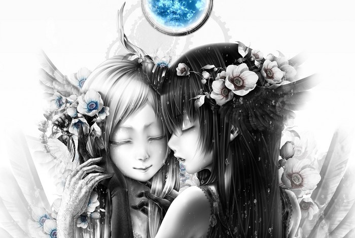 Anime girls with flowers and wings