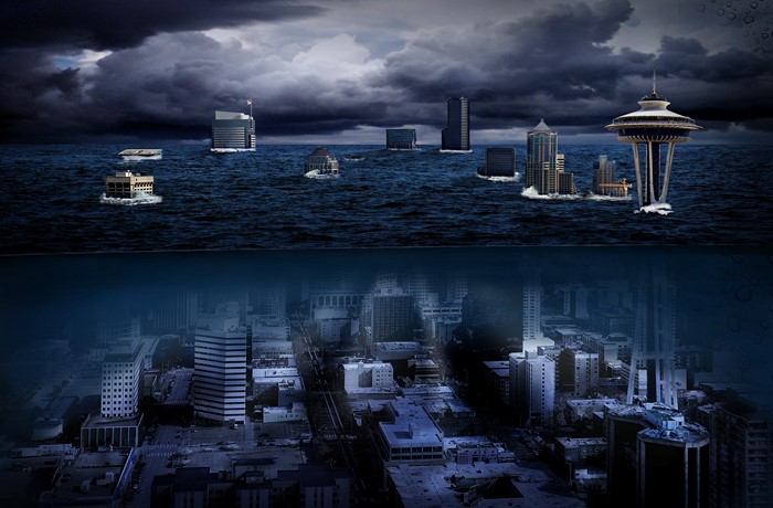Apocalyptic Seattle flooded city skyline