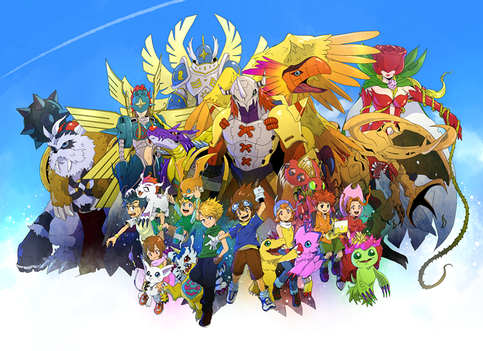 Digimon characters and Digimon in a group portrait