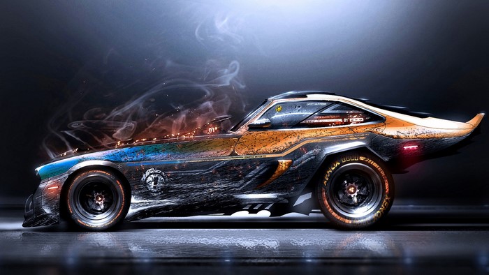 Artistic futuristic car with smoke and fire effects
