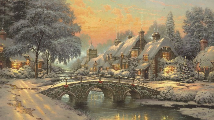 Snowy Village Bridge at Dusk with Christmas Glow