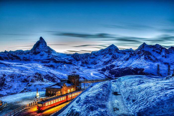 Train station at the Matterhorn in the Swiss Alps