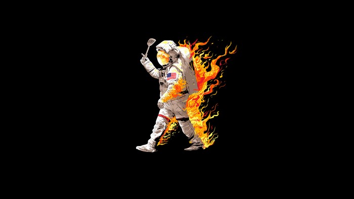 Astronaut on fire holding a spatula