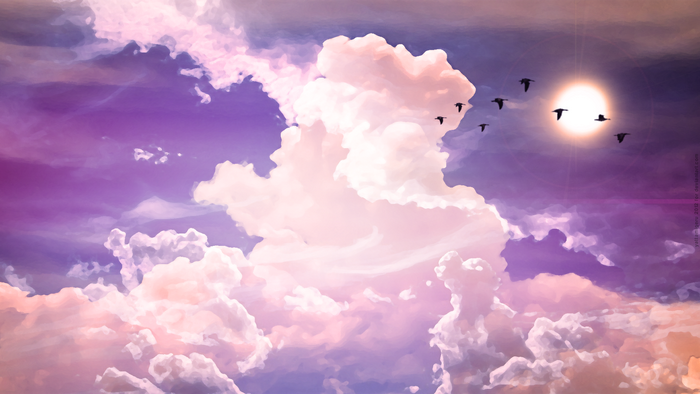 Birds flying in a painted sky with clouds and sun