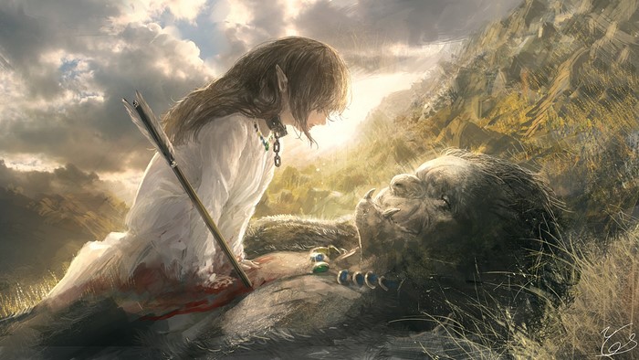 Girl looking at wounded ogre with arrow