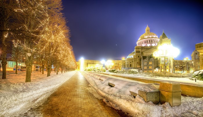 Boston Christian Science Plaza at Night in Winter