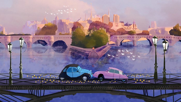 Parisian bridge with vintage cars and cityscape