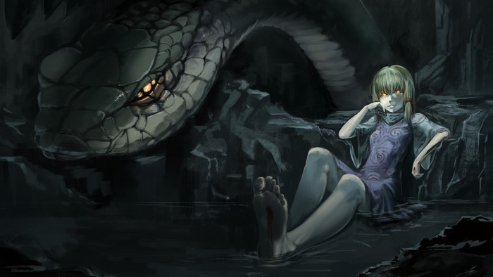 Suwako Moriya and a giant snake in a cave
