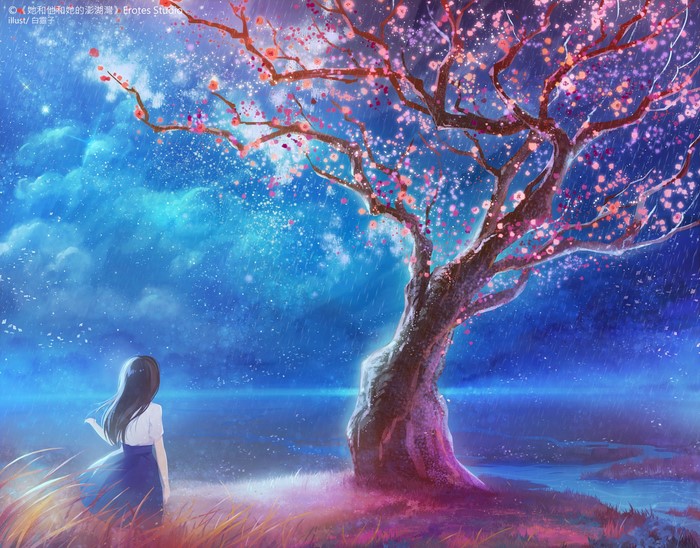 Girl under a blooming tree in the rain