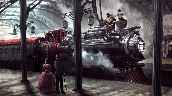Steampunk train at a station with people