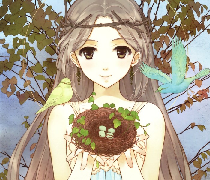 Girl with a bird's nest and birds