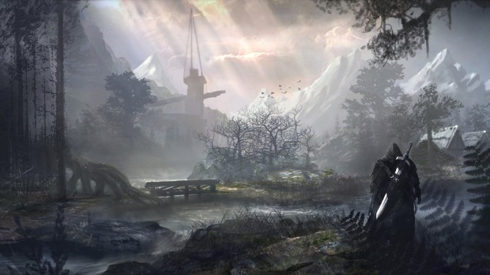 Warrior in a misty forest with mountains and a tower