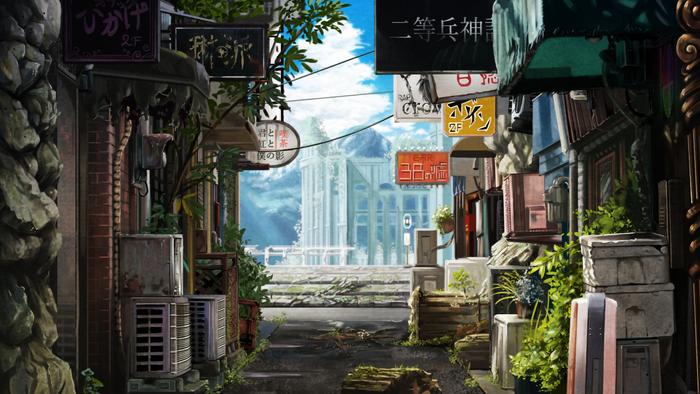 Anime street scene with futuristic buildings