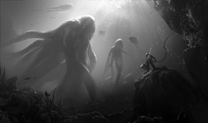 Underwater scene with giant creatures and a diver