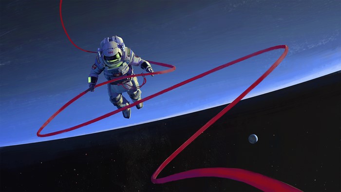 Astronaut floating in space with a red tether