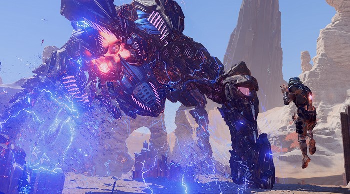 Mass Effect: Andromeda - Giant Mech and Soldier in Desert