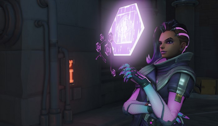 Sombra from Overwatch interacting with a holographic interface