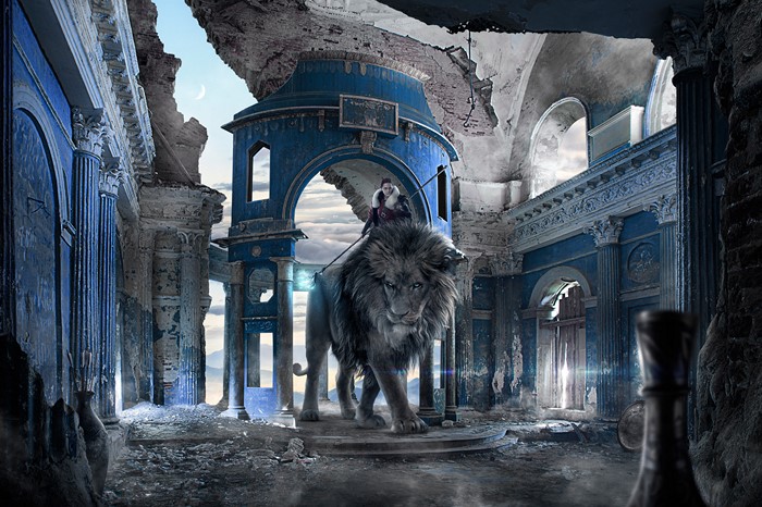 Fantasy Lion with Woman Warrior in Ruins
