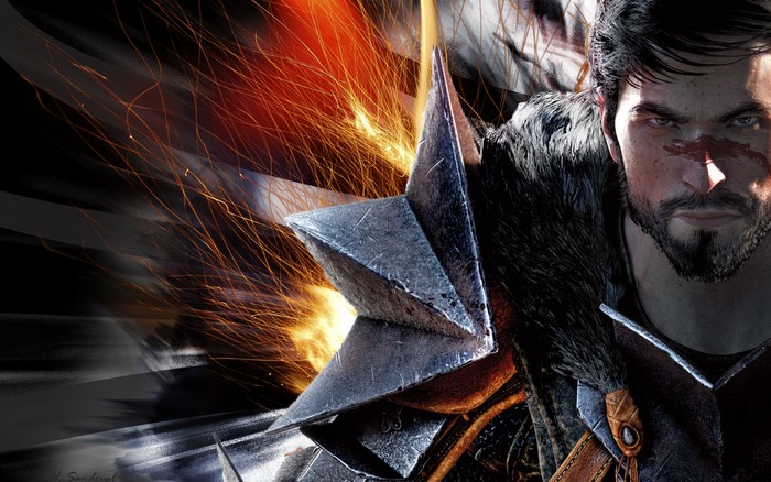 Hawke from Dragon Age II with fire and armor