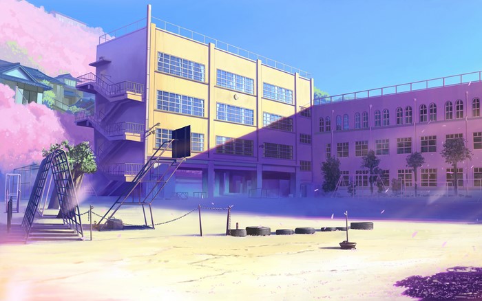 Anime schoolyard with cherry blossoms