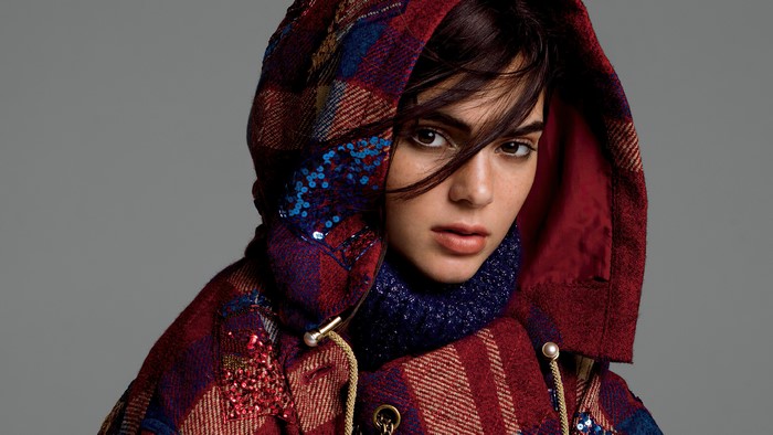 Kendall Jenner in a plaid coat with sequins